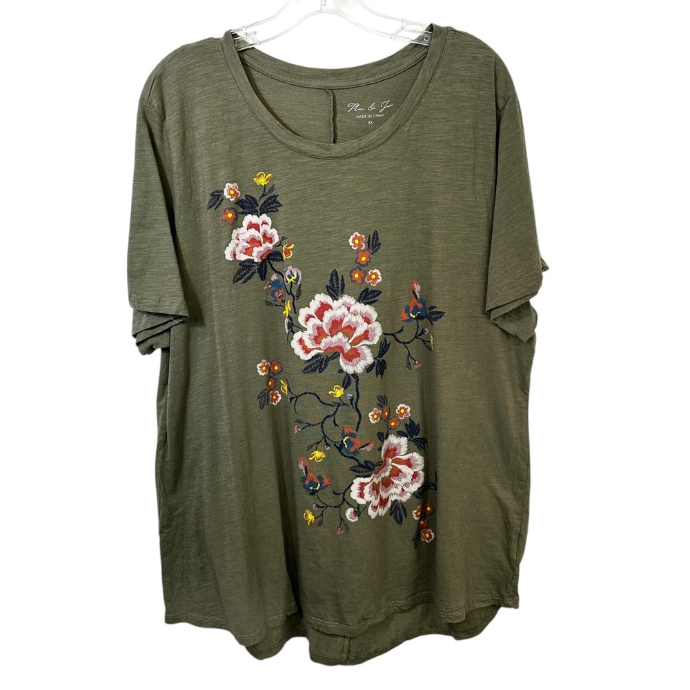 Mic‎ & Jax Plus Size 3X Top Olive Green Floral Cotton Slub T-Shirt Boho 1060